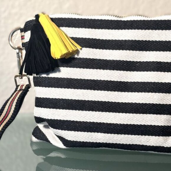 Spacious Black Beige Striped Canvas Clutch Wristlet Bag w/ Decorative Tassels - Picture 1 of 3